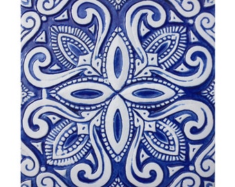 Spanish Decor Tile, Ceramic Tile With Relief, Kitchen Backsplash, Kitchen Tile, Bathroom Tile Art, Wall Decor, Spanish #8 30cm Blue&White