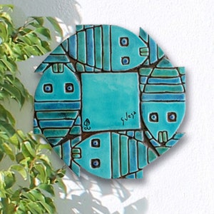 Abstract Fish Wall Art Hanging, Ceramic Tile With Fish Design, Decorative Tile, Stripy Fish, Ceramic Wall Art  Fish Circle Turquoise