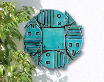 Abstract fish wall art, ceramic tile with fish design, decorative tile glazed in turquoise, stripy fish, Ceramic wall art with stripy fish