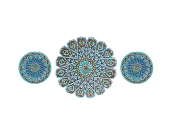 3 Moroccan Tiles For Outdoor Wall Art, Hand Painted Tile With Relief Design For Decor, Geometric Wall Art For Yard Art, Morocco #4 Turquoise