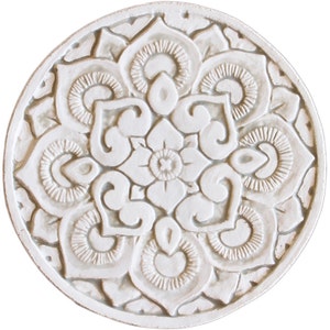 Ceramic Wall Hanging With Mandala Design For kitchen Decor, Boho Outdoor Wall Art, Ceramic Tile With Circle Design, Mandala #1 21cm Beige
