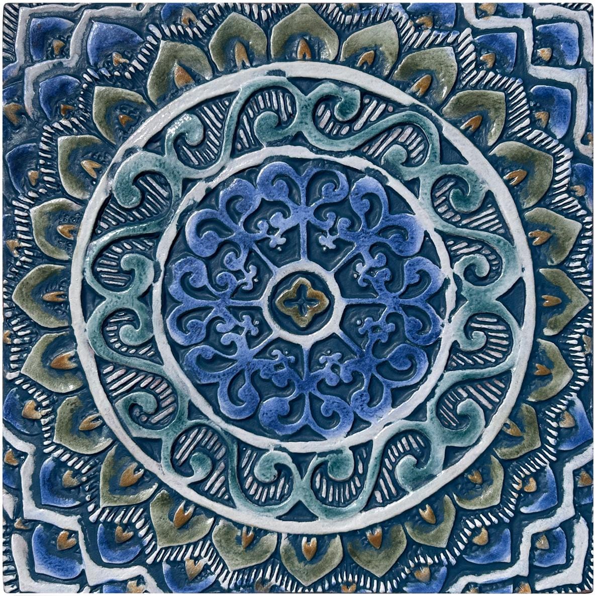 Mandala Ceramic Tile: Outdoor Garden Wall Art, Blues & Teal (30cm)
