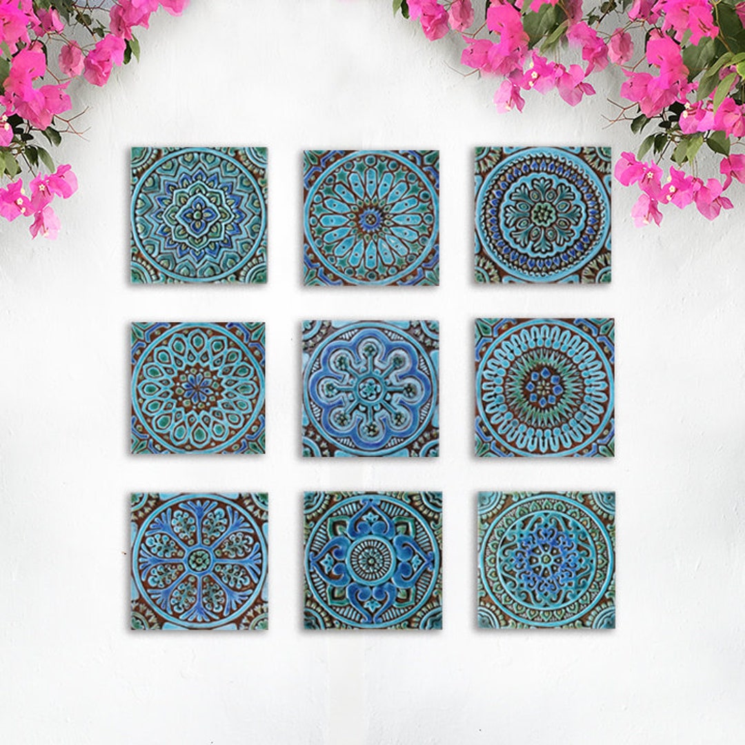 Handmade Ceramic Tile Wall Art: Turquoise Garden Decor, Set of 9