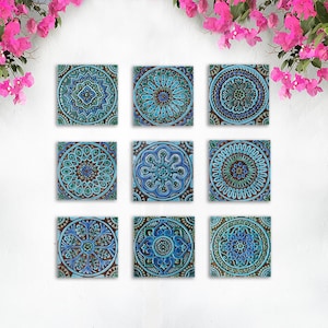 9 Handmade Ceramic Tiles Yard Art, Ceramic Wall Art For Outdoor Wall Hanging, Garden Art Decor, Wall Tiles Mosaic, Mix Design 20cm Turquoise
