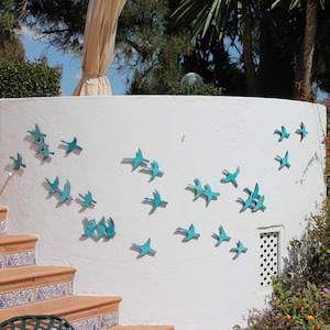 30 Flying Birds Outdoor Wall Ceramic Art, Birds Garden Decor, Ceramic Wall Art, Wall Sculpture, Garden Art Birds Cranes Turquoise