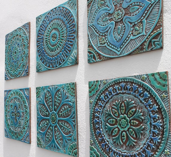 Large Turquoise Ceramic Garden Art Tiles - Spanish Wall Sculpture Large Turquoise Ceramic Garden Art Tiles - Spanish Wall Sculpture