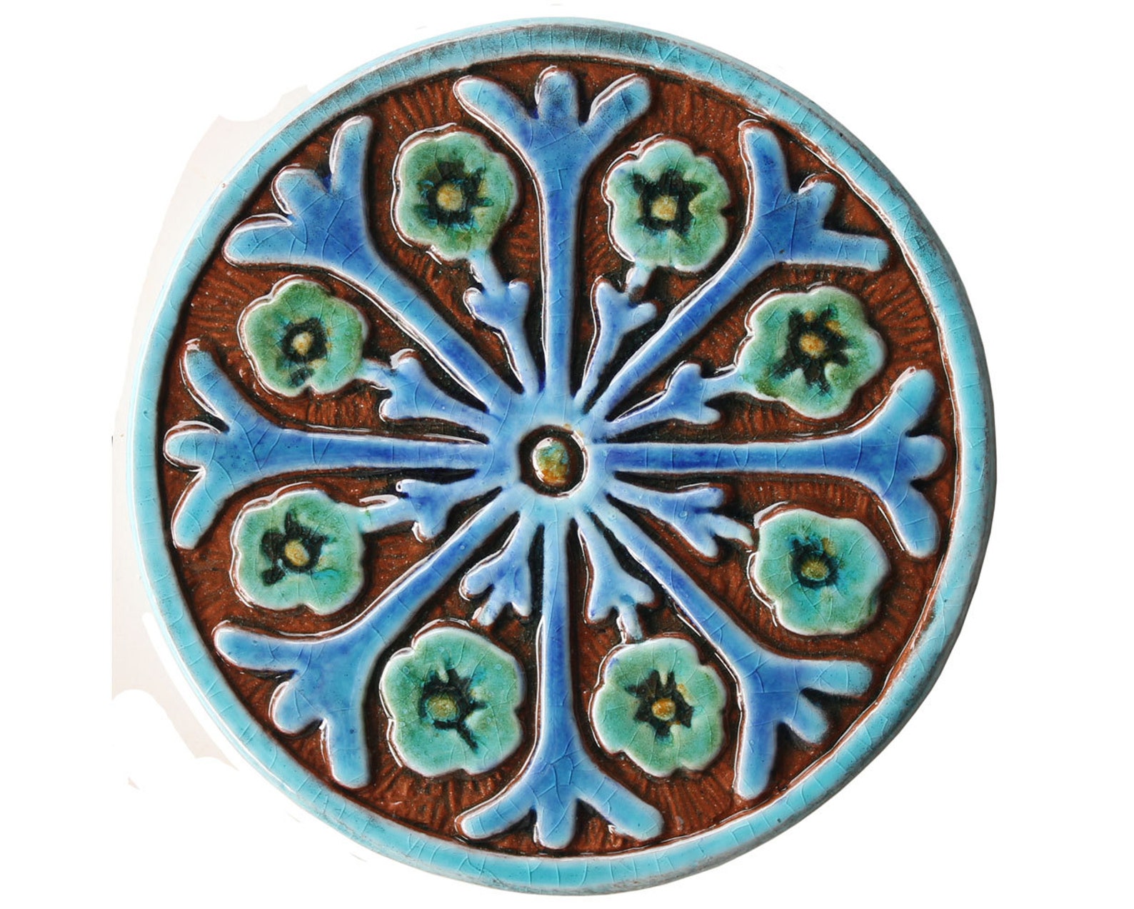 Ceramic Tile Wall Decor With Suzani Design Circle Art Wall Etsy