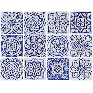 12 Ceramic Tiles For Bathroom Decor, Kitchen Backsplash Tiles Design, Spanish Tile, Ceramic Wall Art Deep Relief, Mix Design 10cm Blue&White