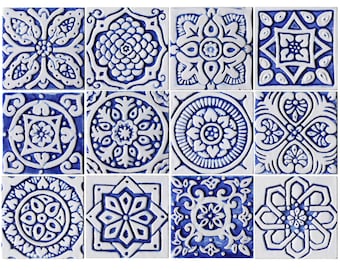 Handgjorda keramiska plattor: Spanska plattor med djup relief, blå och vita, 10 cm (set om 12)