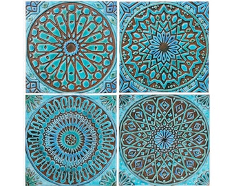 4 Moroccan Ceramic Tiles For Wall Art Decor, Outdoor Wall Design, Tiles With Deep Relief, Garden Art Tiles Decor, Moroc Mix 30cm Turquoise