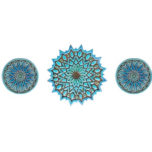 May include: Three decorative ceramic plates with intricate blue and brown geometric patterns. The center plate is larger than the two smaller plates.