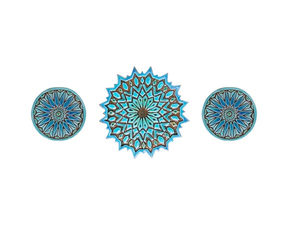 3 Moroccan Decor Ceramic Tiles For Kitchen Design, Outdoor Wall Art, Morocco Tiles, Handcrafted Tiles, Set of 3 Circle Moroccan #2 Turquoise