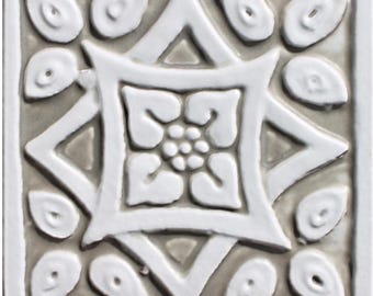Handmade Spanish Ceramic Tile: Beige Ethnic Design, Outdoor Wall Art (10cm)
