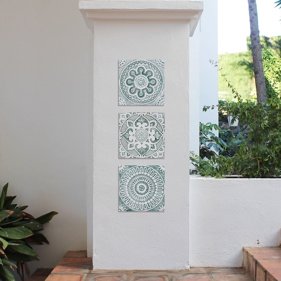 9 Handmade Ceramic Tiles: Boho Outdoor / Garden Wall Art, Aqua