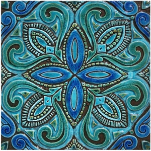 Azulejo, arte de pared hecho de cerámica - arte exterior - decoración de jardín - arte mandala - azulejo artesanal - susama - turquesa