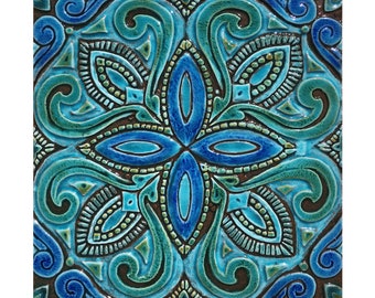 Spanish Tile With Deep Relief For Kitchen Backsplash Deco, Bathroom Wall Hanging Tile, Outdoor Wall Art Design, Susama #7 30cm Turquoise