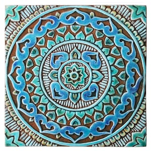 Outdoor Wall Hanging Art With Mandala Design, Garden Spanish Tile, Patio Decor, Backyard Ceramic Tile  Deco, Mandala #7 30cm Turquoise