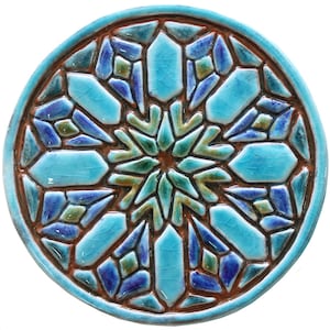 Moroccan Tile For Garden Decor, Ceramic Tile With Deep Relief, Circle Wall Art For Patio, Outdoor Design, Circle Moroccan #2 15cm Turquoise
