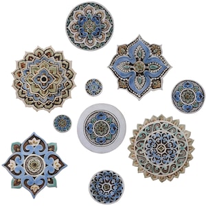 10 Circles Wall Art, Wall Sculpture, Coastal Wall Decor, Boho Decor Tile, Kitchens Wall Hanging,Ceramic For Bathrooms, Set Mandala Matt Blue