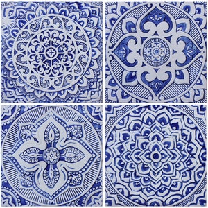 4 Decorative Tiles With Mandala Designs For Lounge Decor, Ceramic Tiles, Outdoor Wall Art , Hand Painted Tiles, Spain Mosaic, Set 30cm Blue