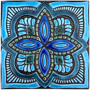 Handcrafted Wall Decor With Relief Design, Wall Hanging For Outdoor & Indoor Decor, Ceramic Tile, Wall Art Tile, Spanish #2 15cm Turquoise