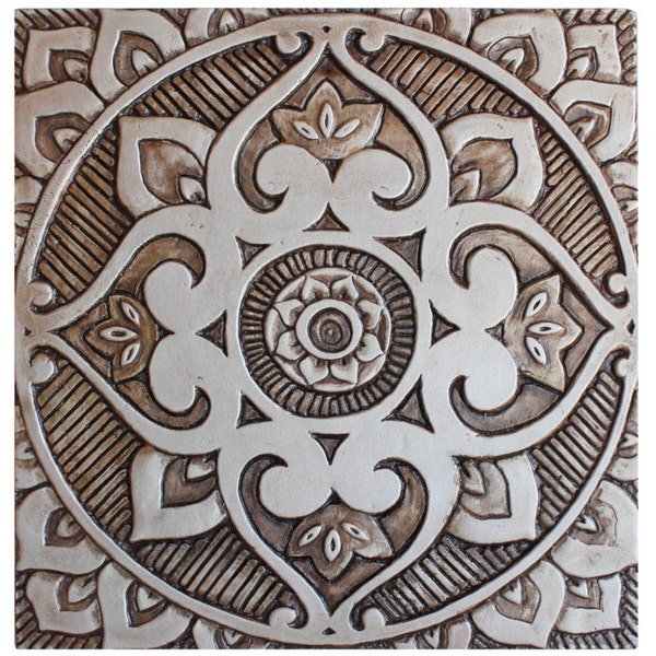 Elegant Handmade Ceramic With Mandala Design, Exterior Wall Art Decor, FineArt Kitchen Backsplash, Wall Hanging, Mandala #3 30cm Aged Silver