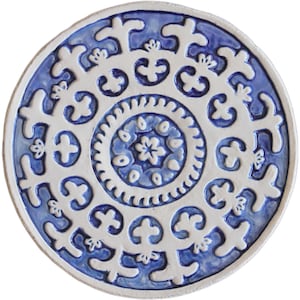 Wall Decor With Suzani Design, Ceramic Tile, Ethnic Wall Art, Wall Hanging Made From Ceramic, Circle Suzani #1 21cm Blue&White
