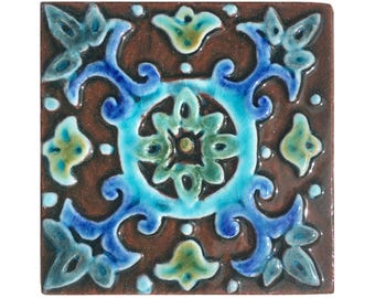 Hand-Painted Ceramic Tile: Turquoise Ethnic Design, Spanish #1 (10cm)