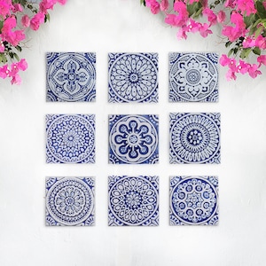 9 Beautiful Handmade Ceramic Tiles, Ceramic Wall Art For Outdoor Wall Hanging, Garden Decor Wall Tiles, Mosaic, Mix Design 20cm Blue&White