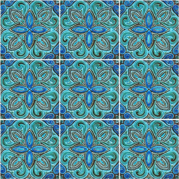 9 Turquoise Spanish Tile Wall Art: Handmade Ceramic Outdoor Decor (30cm)
