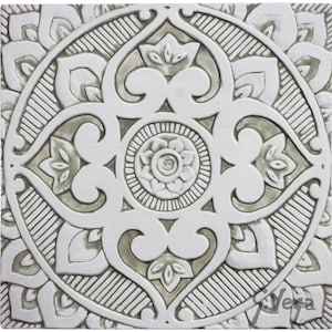 Decorative Tile With Mandala Design, Bathroom Wall Tile, Outdoor Ceramic Art, Kitchen Backsplash Decor, Hand Painted, Mandala #3 30cm Beige