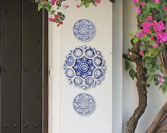 Hand-Painted Ceramic Tile Outdoor Wall Art, Blue & White Column Decor, (Set of 3)