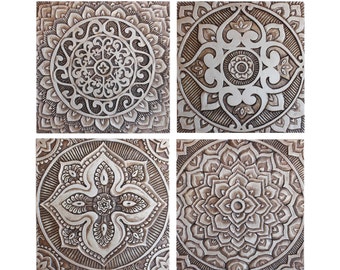 4 Mandala Tile For Meditation Art, Spiritual Gift, Yoga Art Decoration, Wall Tiles Design, Spiritual Gift, Mandala Mix 30cm Aged Silver