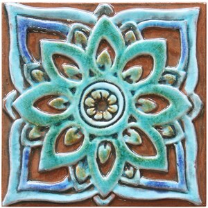 Handmade Tile With Mandala Design,  Ceramic Wall Art, Decorative Tile, Outdoor & Indoor Deco, Unique Home Accent, Mandala #2 15cm Turquoise