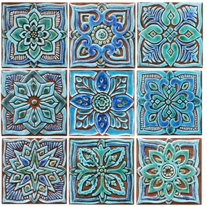 9 Ceramic Tiles For Outdoor Decor, Bathroom Inspirations Tiles, Kitchen Wall Hanging, Ceramic Tile Art, MoroccanMandalaSuzani 15cm Turquoise