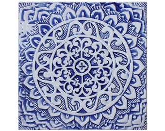 Decorative Tile With Relief Carving, Handmade Ceramic Tile, Bathroom Tile, Hand Painted Tile, Kitchen Wall Decor, Mandala #1 30cm Blue&White