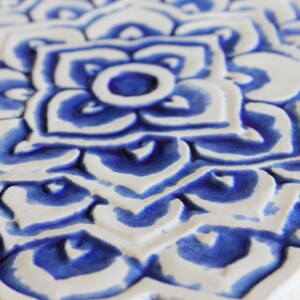 Home Decor With Mandala Design, Decorative Tile, Ceramic Wall Art, Hand Painted Tile, Circule Tile Decor For Kitchen, Mandala 2 Cutout Blue image 3