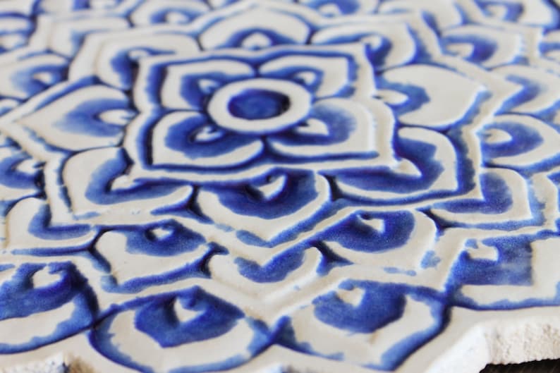 Home Decor With Mandala Design, Decorative Tile, Ceramic Wall Art, Hand Painted Tile, Circule Tile Decor For Kitchen, Mandala 2 Cutout Blue image 3