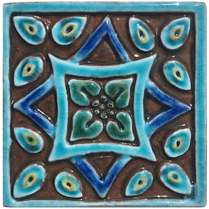 Garden Ceramic Tile, Yard Art Decor Tile, Outdoor Wall Art, Ceramic Tile With Ethnic Design, Patio Tile Decor, Spanish #3 10cm Turquoise