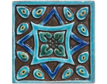 Handgjorda spanska keramiska plattor: Turkos etnisk design, trädgårdsdekor (10 cm)