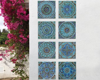 8 Ceramic Tiles For Kitchens And Bathrooms Decor, Handmade Outdoor Wall Art, Hand Painted Tiles, Wall Sculpture, Mix Design 20cm Turquoise