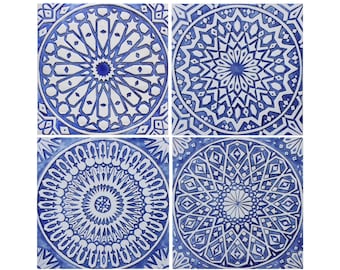 4 Wall Hangings With Moroccan Decor, Moroccan Tile, Tiles For Outdoor Wall Art, Bathroom Tile Design, Moroccan Wall Art 30cm Blue&White