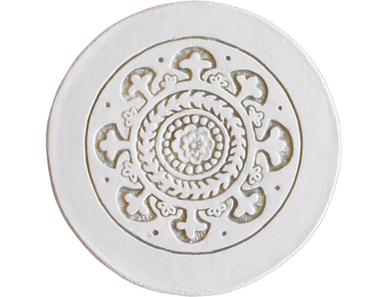 beige and white Wall tile Hand painted tile Suzani21cm with plain border Ceramic art with suzani carving,ceramic tile,Circle art