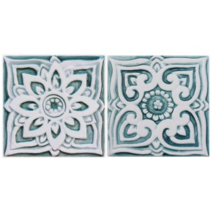 2 Ceramic Tiles For Garden Decor, Ceramic Tile, Bathroom Decor, Kitchen Design, Exterior Wall Art, Moroccan-Mandala-Suzani Design, 15cm Aqua
