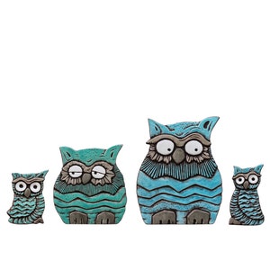 4 Owls Garden Sculpture Ceramic Tile, Owl Figurine For Over The Garden Wall, Owl Gifts For Owl Collector, Wall Decor Art, Jade&Turquoise