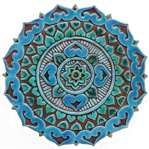 Handmade Ceramic Mandala Wall Tile, Turquoise Garden Art (28cm/11")