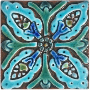 Wall Art Tile For Wall Decor With Floral Design, Artistic Tiles, Hand Painted Tile, Wall Art Collection, Suzani #2  10cm Turquoise