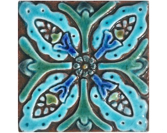Hand-Painted Ceramic Tile: Turquoise Floral Wall Decor (10cm)