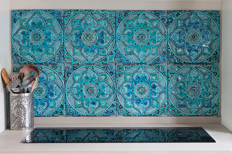 Garden Decor With Mandala Design, Outdoor Wall Art, Ceramic Tile, Yard Art, Wall Sculpture, Decorative Art Tiles, Mandala 5 30cm Turquoise image 9