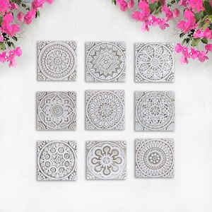 9 Wall Decorative Tiles, Boho Rustic Home Decor, Handmade Ceramic Wall Art, Wall Hanging Tiles, Wall Sculpture, Mix Design 20cm Beige&White